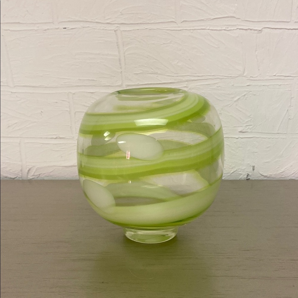 Anthropologie Green and White Swirled Glass Vase, Blown Style. Chunky
